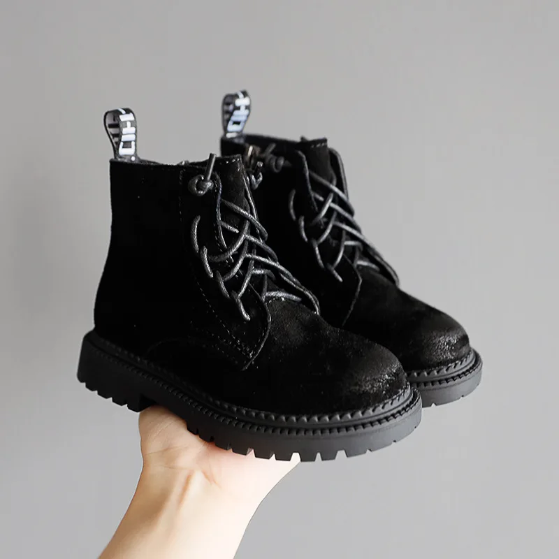 Г. Осень-зима, Детские ботильоны модные ботинки для девочек с круглым носком сапоги хаки из натуральной кожи для мальчиков, детская обувь размер 21-37 - Цвет: Black