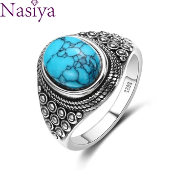 

Punk Oval Natural Turquoise Rings for Women 925 Silver Fine Jewelry for Women Anniversary Party Birthday Gift Daily