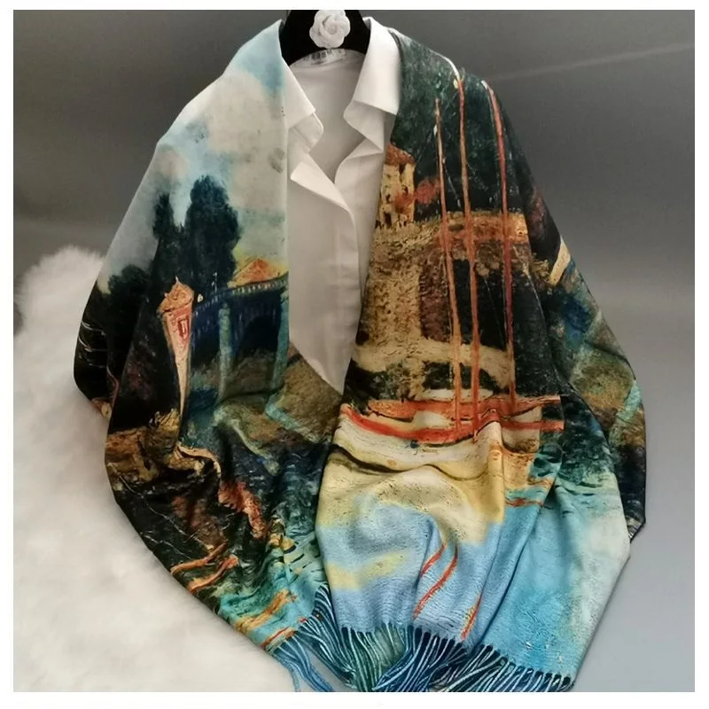 Кашемировый шарф-палантин пашмины шаль Картина маслом женский зимний шарф Обертывания пончо 193x72 см 300 г высокое качество - Цвет: Blue Lake Reflection