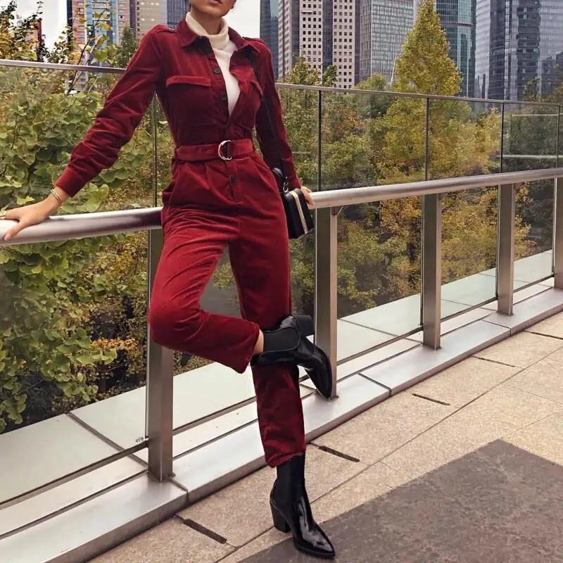 

Ladies Lapel Collar Long Sleeve Buttons Jumpsuit Solid Slim Fit Cocktail Romper
