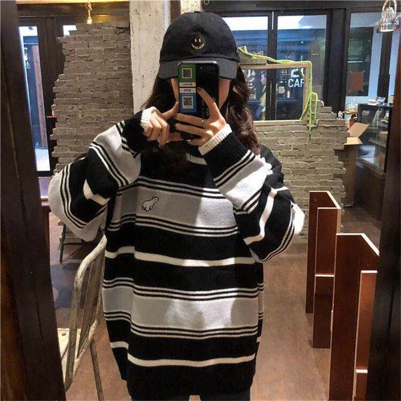 Полосатый Женский Kawaii Ulzzang Винтажный стиль круглый вырез колледж свободный свитер с облачком женский корейский Панк Тонкий милый свободный Harajuku