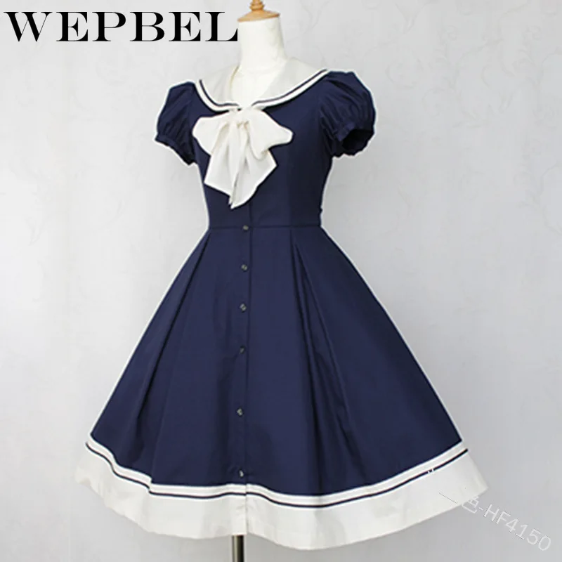 

WEPBEL College Style Cute Women's Soft Student Lolita Female Cosplay Costume O-Neck Short Sleeves Bow Dress