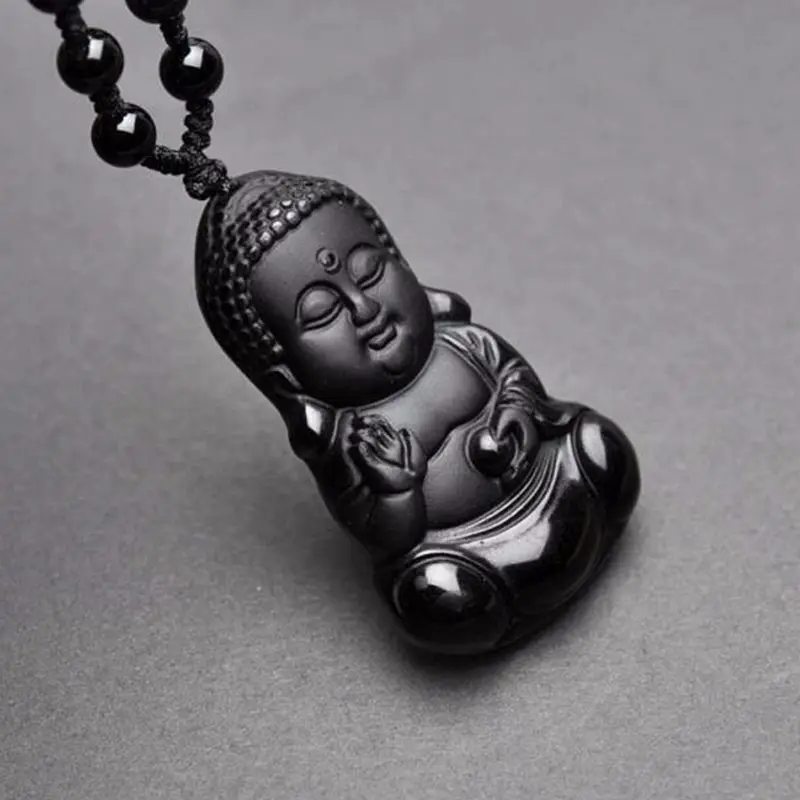 Натуральный черный Обсидиан Резной шакья Муни Будда ожерелье для женщин мужчин