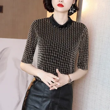 

Europe New Women's Spring And Summer High Fashion Stand Collar Seqins Plaid Printing Blouses Tops Female Retro Vintage Shirts