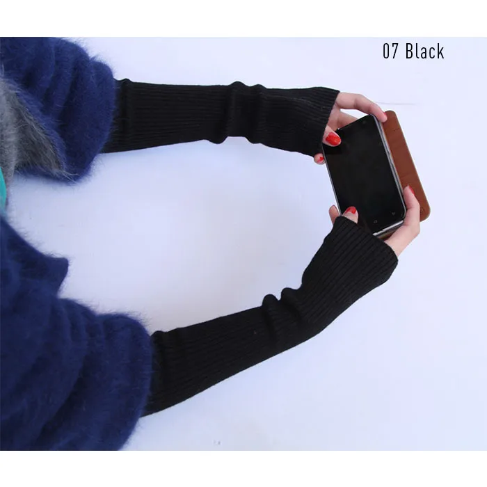 Winter 40 50 60 Long Arm Wool Warmers Fingerless Arm Solid Wholesale Knitted Women's Knitted Fine Gloves Sleeve Woolen cm - Color: 07 Black
