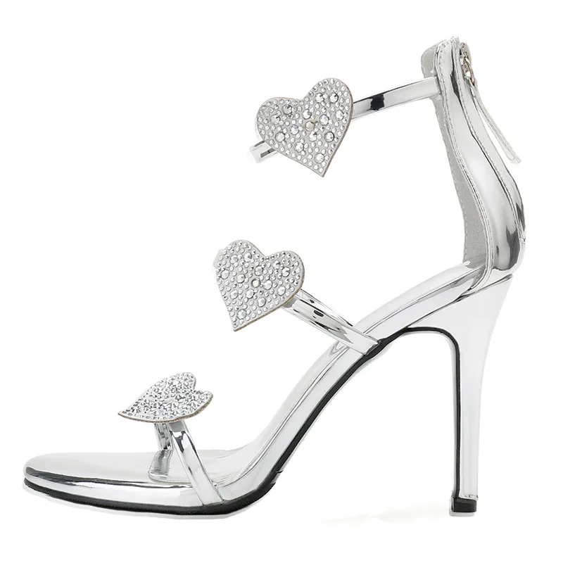 

Spring and Summer New Love Show High-heeled Shoes Water Table Rhinestone Silver Word with Thin Sandals Women Shoes