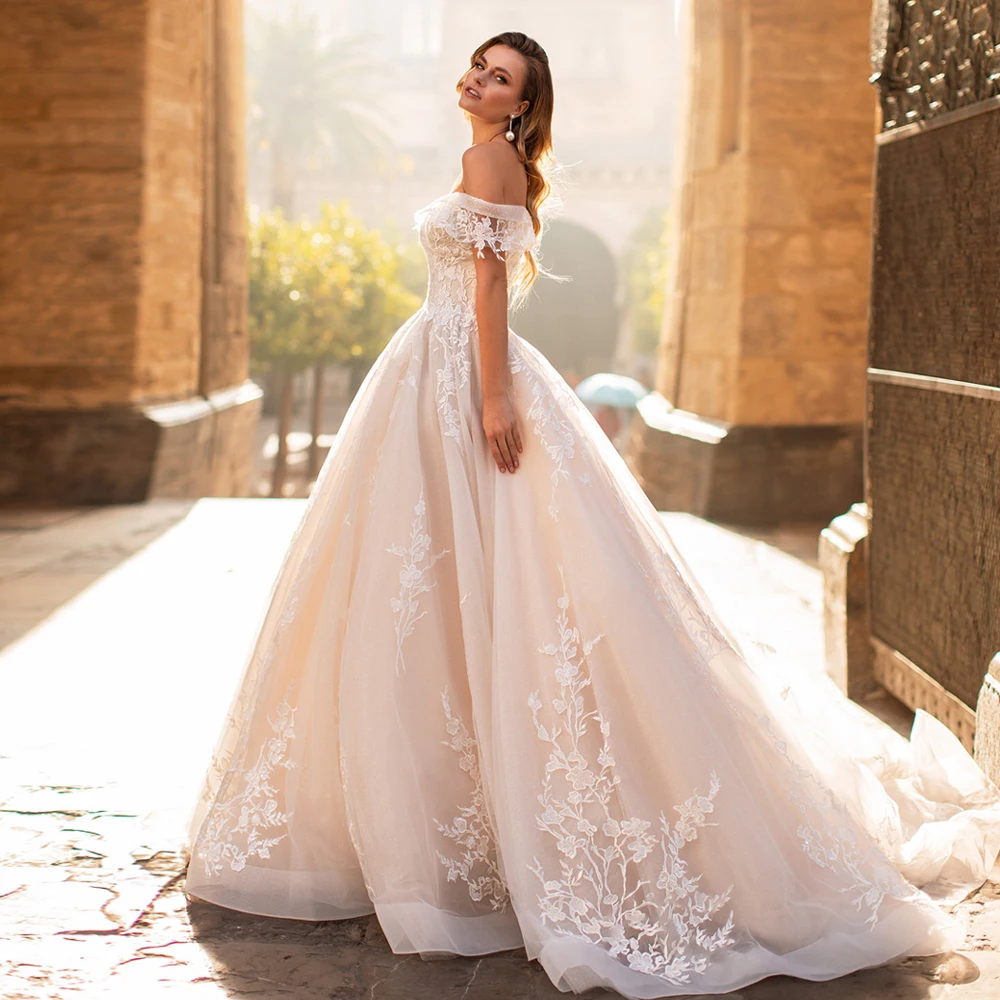 ADLN Luxury Puffy Lace Wedding Gown Custom Made Off-shoulder Tulle Ball  Corset Bridal Dress with Sweep Train 3