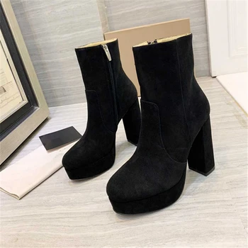 

Women Platform thick high heel boots Sexy pointed toe solid color Genuine Leather shoes Keep warm in autumn and winter shoes