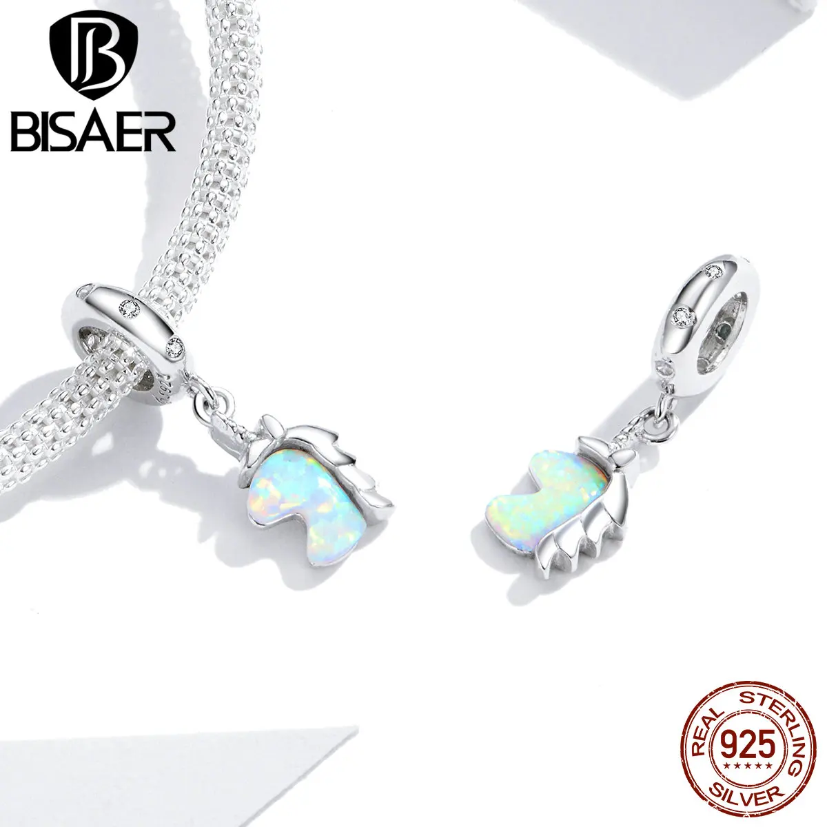 

BISAER Unicorn Opal Charms 925 Sterling Silver Zircon Licorne Beads Pendant fit Women Original Bracelet Necklace Jewelry EFC246