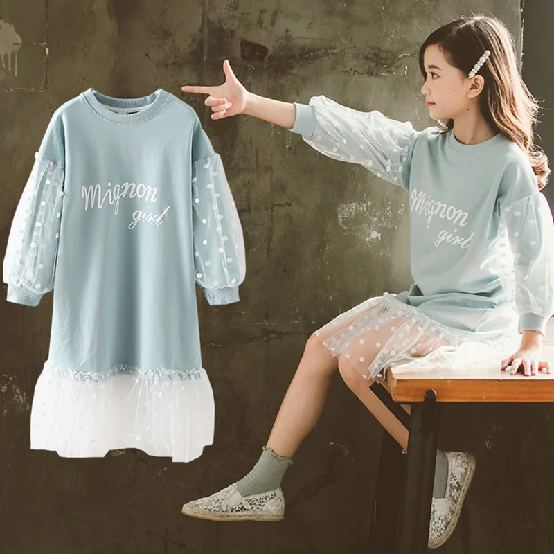 Платье для девочек с длинными рукавами; белая кружевная одежда; Новинка года; сезон весна-осень; одежда для подростков; Детские платья-толстовки; детская одежда