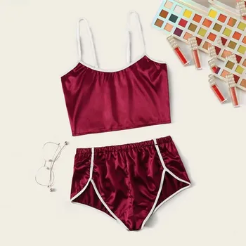 

Women's Porno Sleepwear Sexy Satin Pajama Set Black Lace V-neck Pyjamas Sleeveless Cute Cami Top And Shorts Hot Erotic Suit 2020