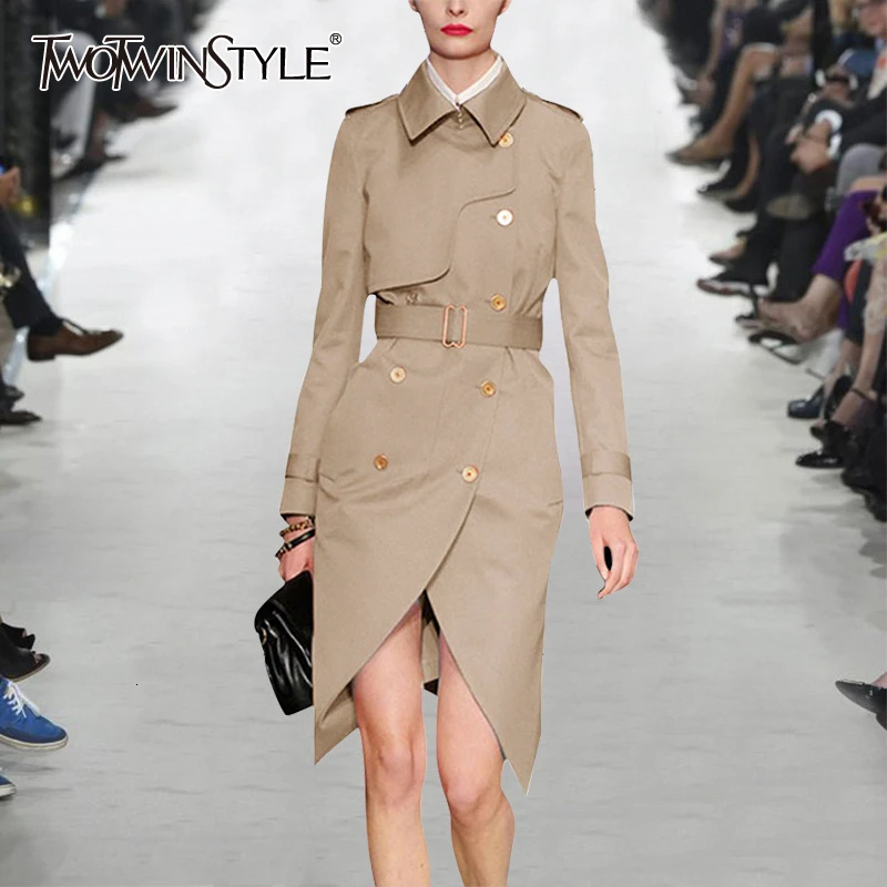 

TWOTWINSTYLE Elegant Women's Windbreaker Lapel Collar Long Sleeve High Waist Sashes Trench Coat Female 2019 Autumn Fashion New