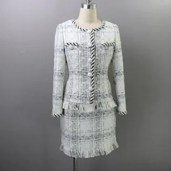 

High Quality 2020 New Arrival Runway Fashion Women's Skirt Suits Long Sleeve Elegant Woolen Tweed Jacket and Skirt Two Piece Set