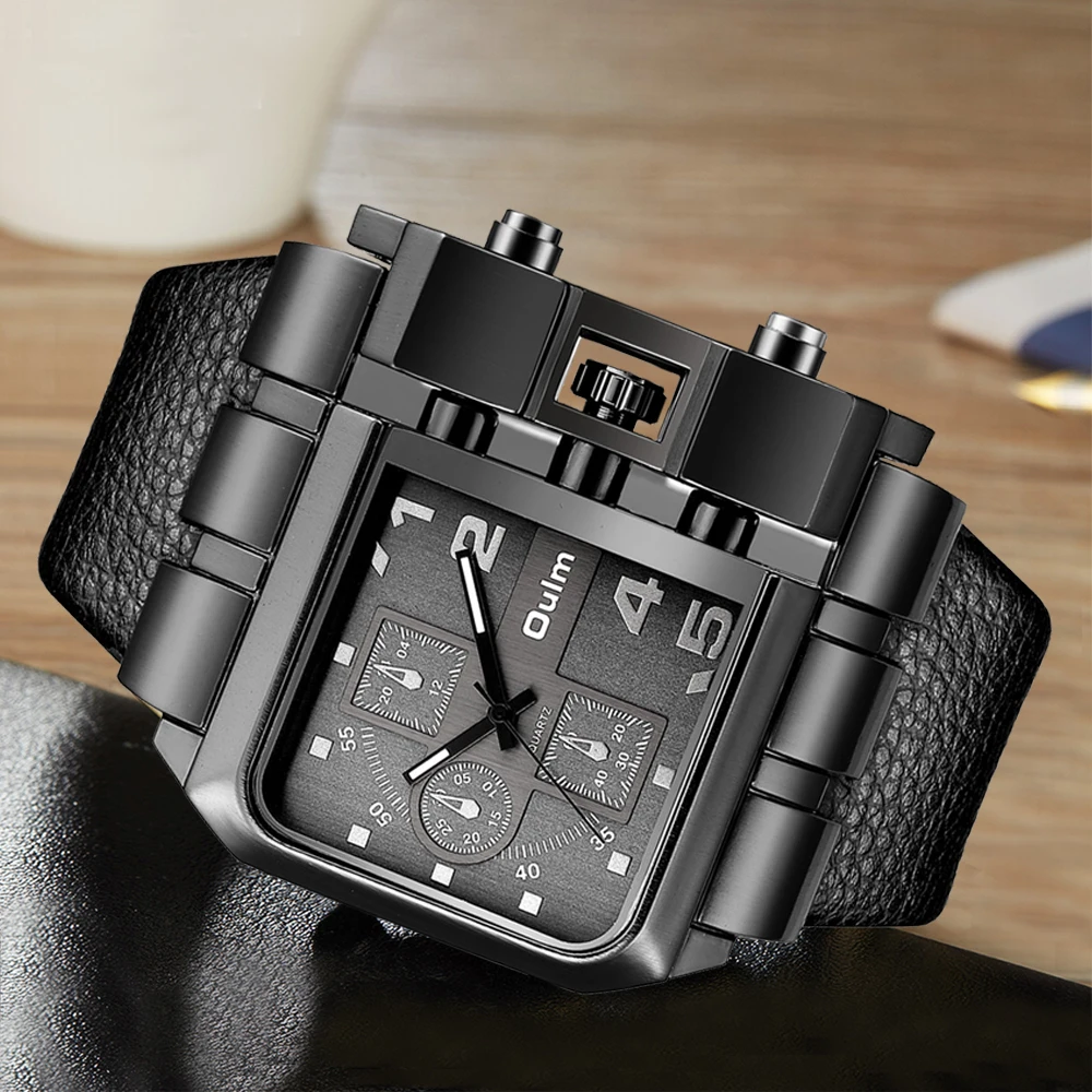 

OULM Brand Original Unique Design Square Men Wristwatch Wide Big Dial Casual Leather Strap Quartz Watch Male Sport Watches