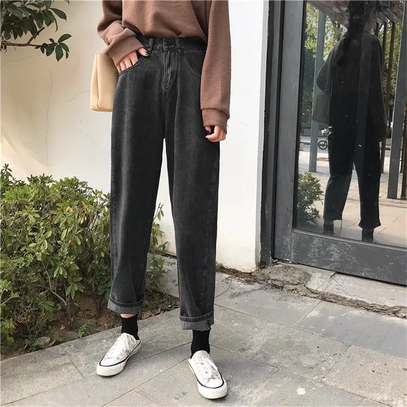 

HziriP Straight Fresh Loose Semi-elastic Autumn 2019 Black All Match Women Female Plus Fashion High Waist Jeans Denim Trousers