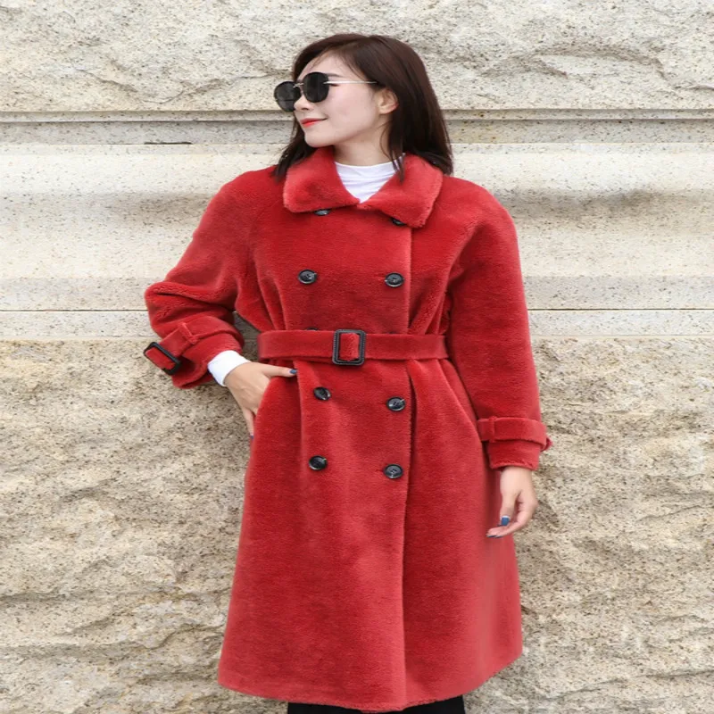 Thick Warm Winter Jacket for Women Clothes 2020 100% Real Fur Coat + Belt Korean Ladies Sheep Shearing Long Coats KL1908 | Женская