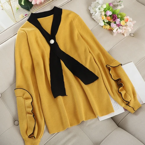 Neploe, Женский пуловер, трикотаж, контрастная шнуровка, v-образный вырез, свитер с длинным рукавом, оборки, пэчворк, вязанные топы, корейские джемпера 55955 - Цвет: yellow