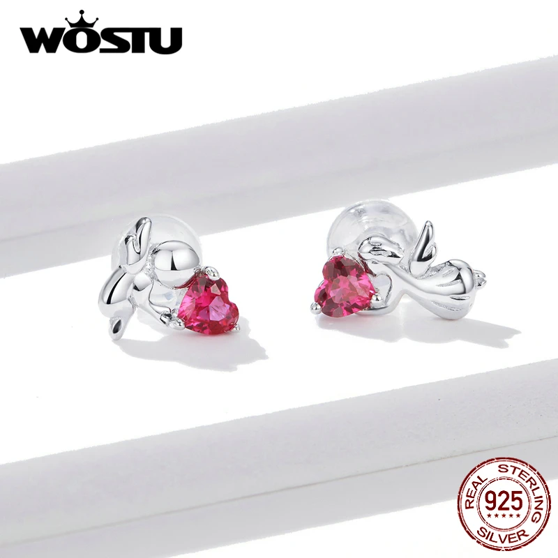 WOSTU 100% Стерлинговое Серебро 925 пробы любовь шпилька ангел серьги розовый циркон