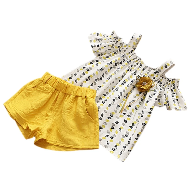 Yellow Hinfaesn/летние комплекты одежды для девочек; Модная рубашка без бретелек с цветочным принтом и листьями для девочек; комплект одежды из топа и шорт; одежда для детей - Цвет: Yellow