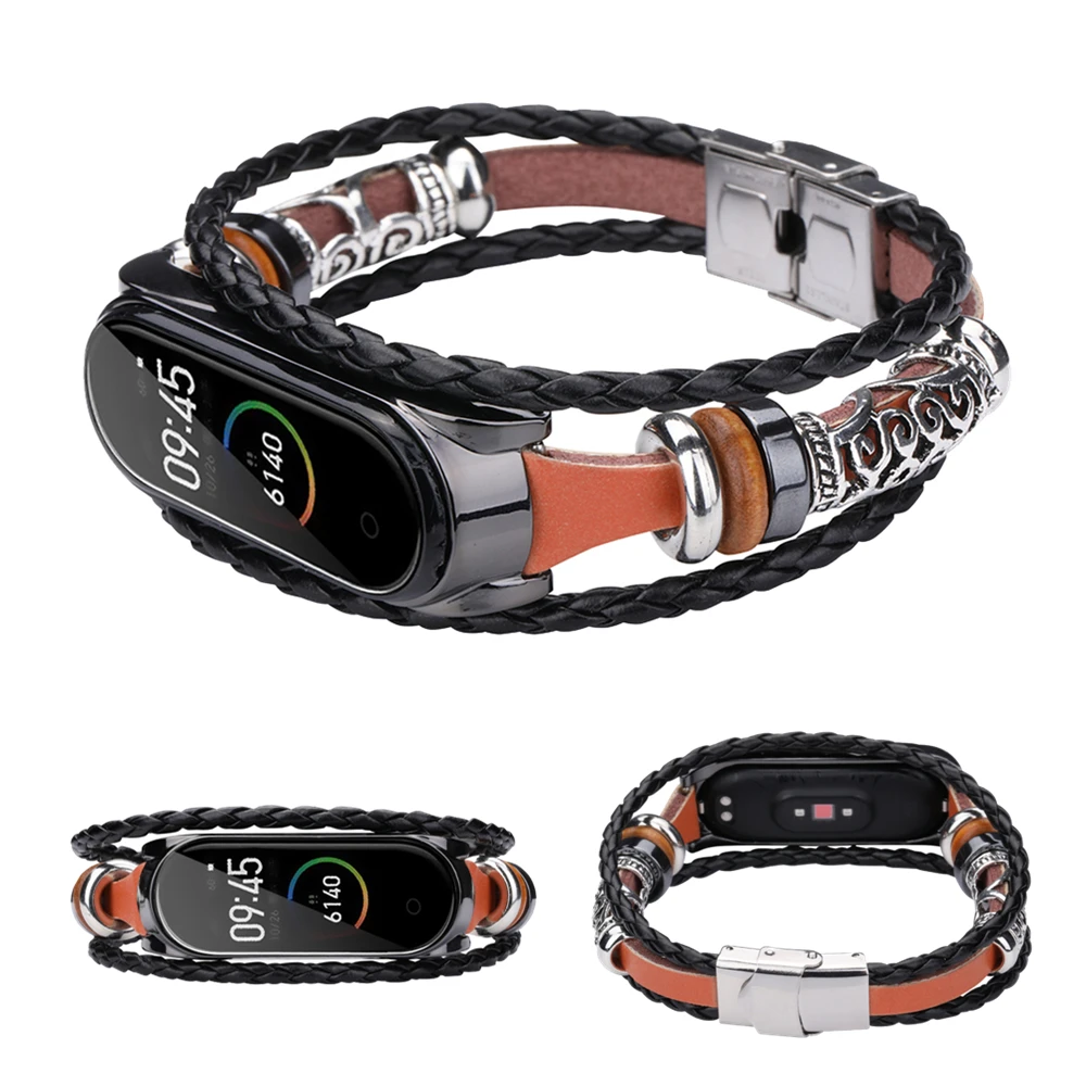 Винтажный кожаный браслет для mi Band 4 3 ремешок ретро Xiaomi Nfc плетеные веревочные