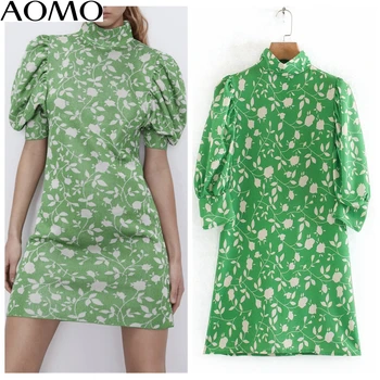 

AOMO fashion women leaf print green summer dress puff short sleeve ladies vintage mini dress vestidos 2W119A