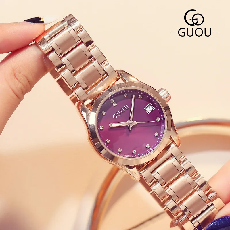 

Guou Ancient Europe Steel Belt Ladies' Watch Fashion Simple Quartz Watch Women's Students Man-made Diamond Measuring Waterproof