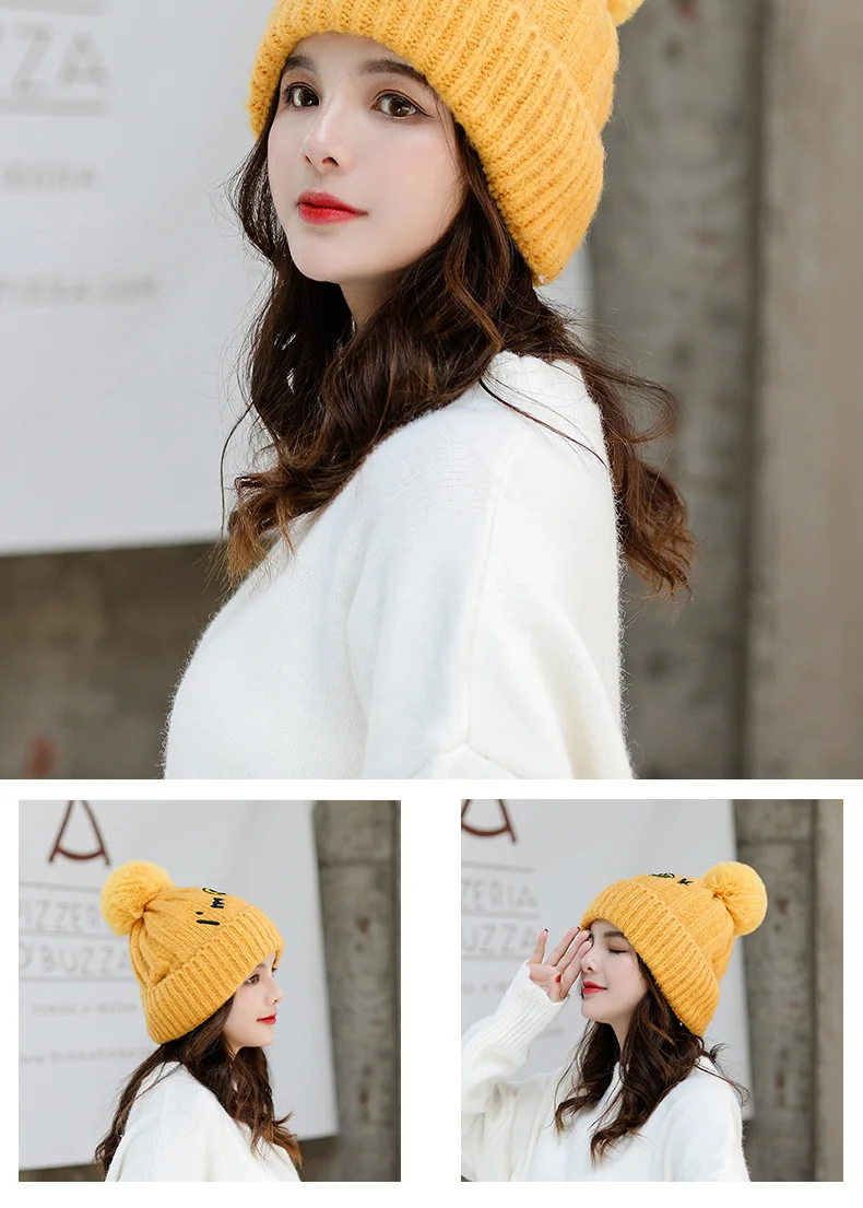YOYOCORN Korean version of autumn and winter wool hat outdoor plus velvet thick warm hat letter ladies ear ear ball knit cap
