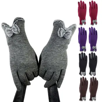 

Winter Outdoor Screen Warm Velvet Lined Gloves Full Fingers Bow Mittens Fashion Elegant Ladies Glove Female перчатки женские