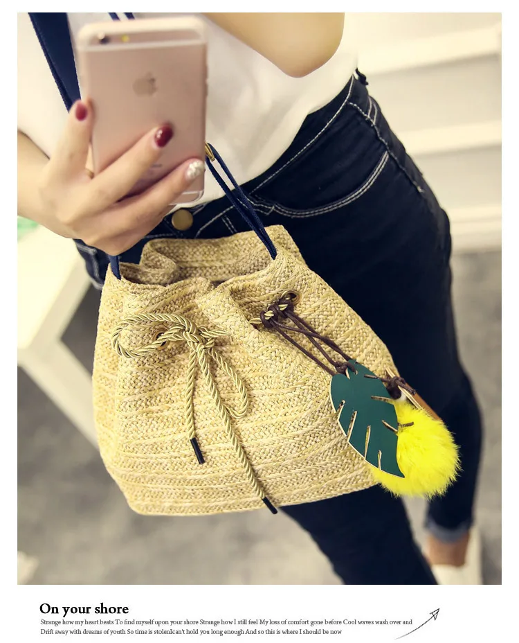 

New Style Small Chili Bucket Straw Bag Rattan Pastoral Style Beach Bag Woven Bag Send Furry Ball