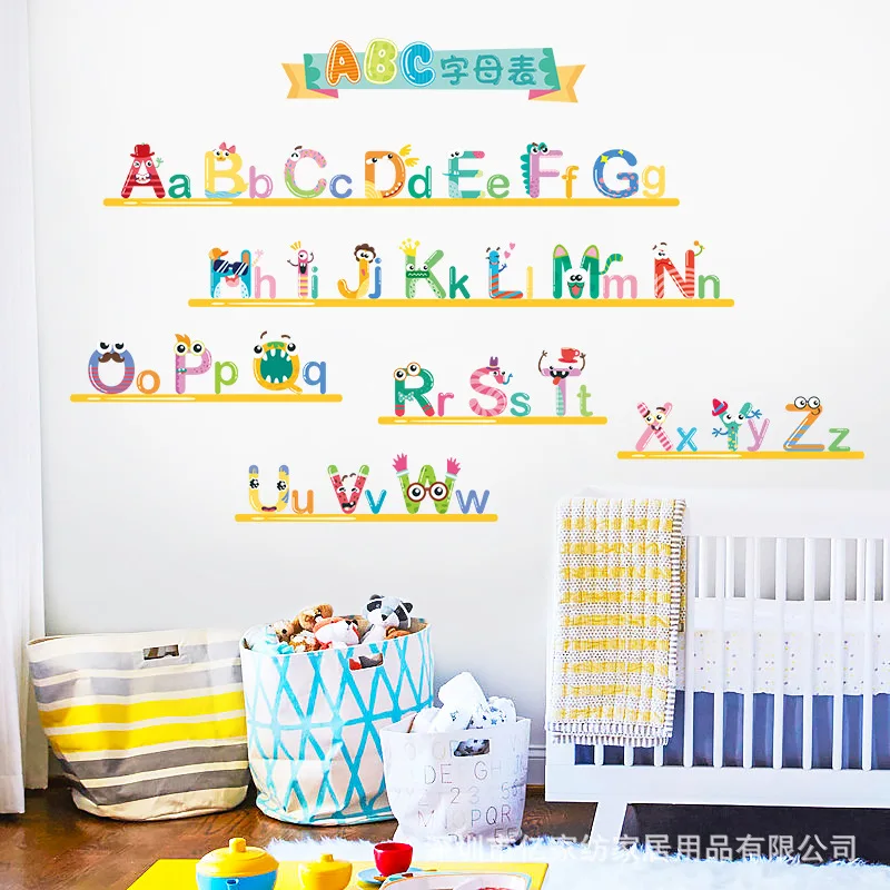 Creative English Alphabet Children Early Education Adhesive Paper Self-Adhesive Cute Animal Wallpaper Kindergarten Room Wall Dec