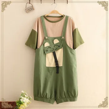 

Summer Kawaii Women Rompers and Jumpsuit Japanese Mori Girl Cute Cat Embroidery Shorts T Shirt Green Casual Overalls 2 Piece Set