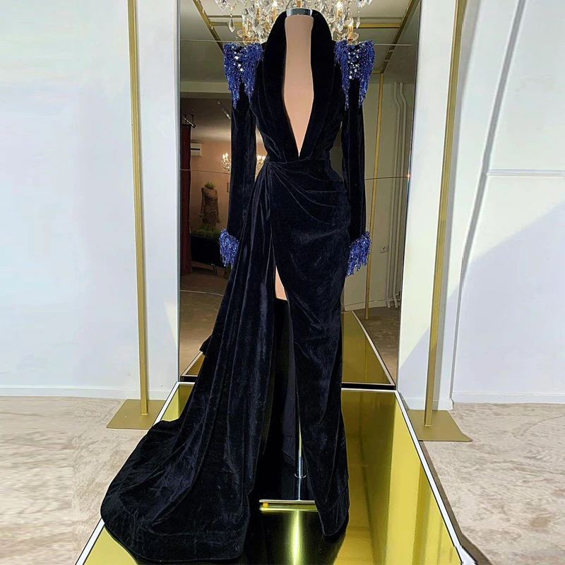 Eightale Caftan Evening Dress Kaftan Velvet Black and Blue Arabic Dubai Beaded Long Sleeves High Side Split Prom Party Dress