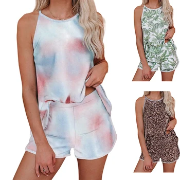 

Women’s Pajama 2-Pieces Set Women Fashionable Patterns or Tie Dye Pattern Sling Loose Top Short Pants Sleepwear Nightwear Set