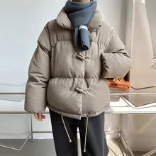 

2021 Winter Women's Ox Horn Solid Color Fashion Short Warm Jacket For Ladies Stand Collar Long Sleeve All Match Chic Coat