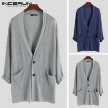 INCERUN мужской кардиган с длинным рукавом и пуговицами, осенняя верхняя одежда с карманами, свободная уличная однотонная мужская кофта, пальто, кардиган