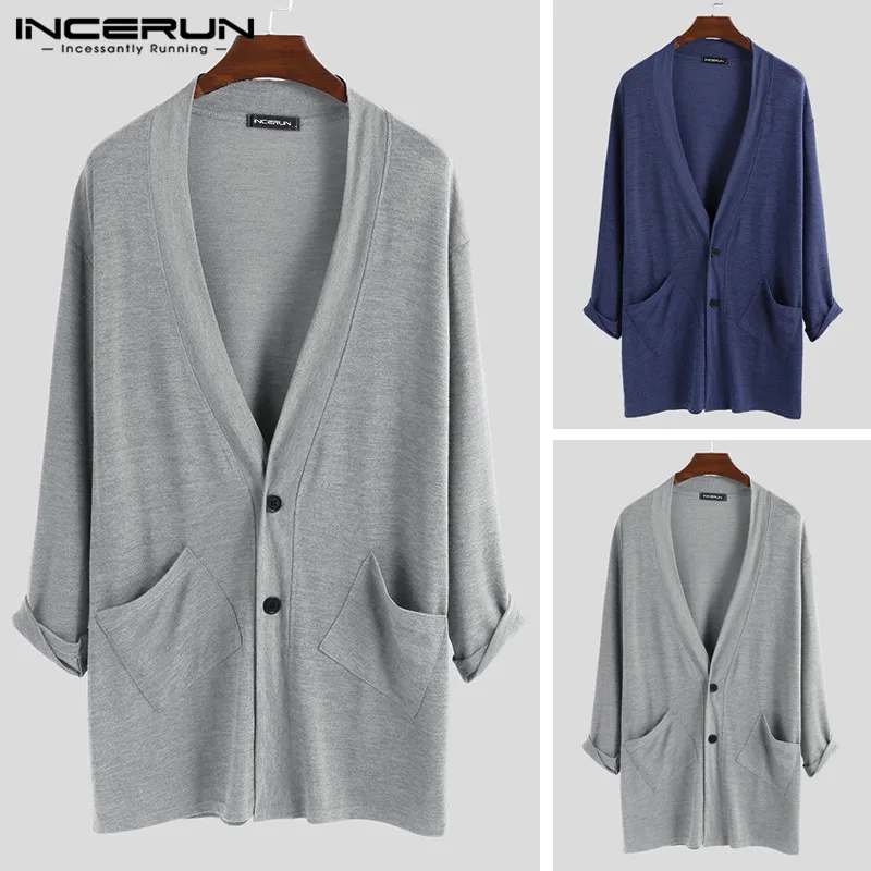 

INCERUN Men Cardigan Long Sleeve Button Up Autumn Pockets Outerwear Loose Streetwear Solid Color Men Sweater Coats Cardigan 2019