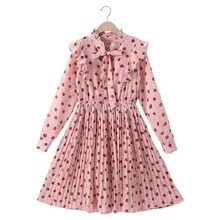 Одежда для девочек Демисезонный с длинным рукавом шифоновые платья плиссе детская одежда нежно-розового цвета в горошек; модное Повседневное платье принцессы