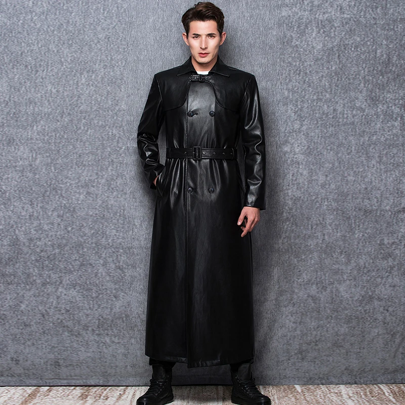 Lautaro-Long Black Leather Trench Coat for Men, Long Sleeve, Double Breasted, Plus Size, PU Leather, Men's Clothing, 6XL, 7XL 3