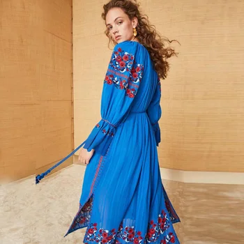 

long dresstravel seaside temperament national wind embroidery dress flower embroidery loose lantern sleeve tassel rope Summer