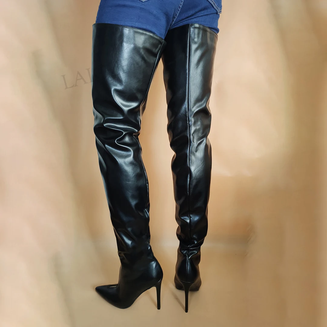 Women Over Knee Boots Pointed Toe Faux Leather Front Zip Stiletto