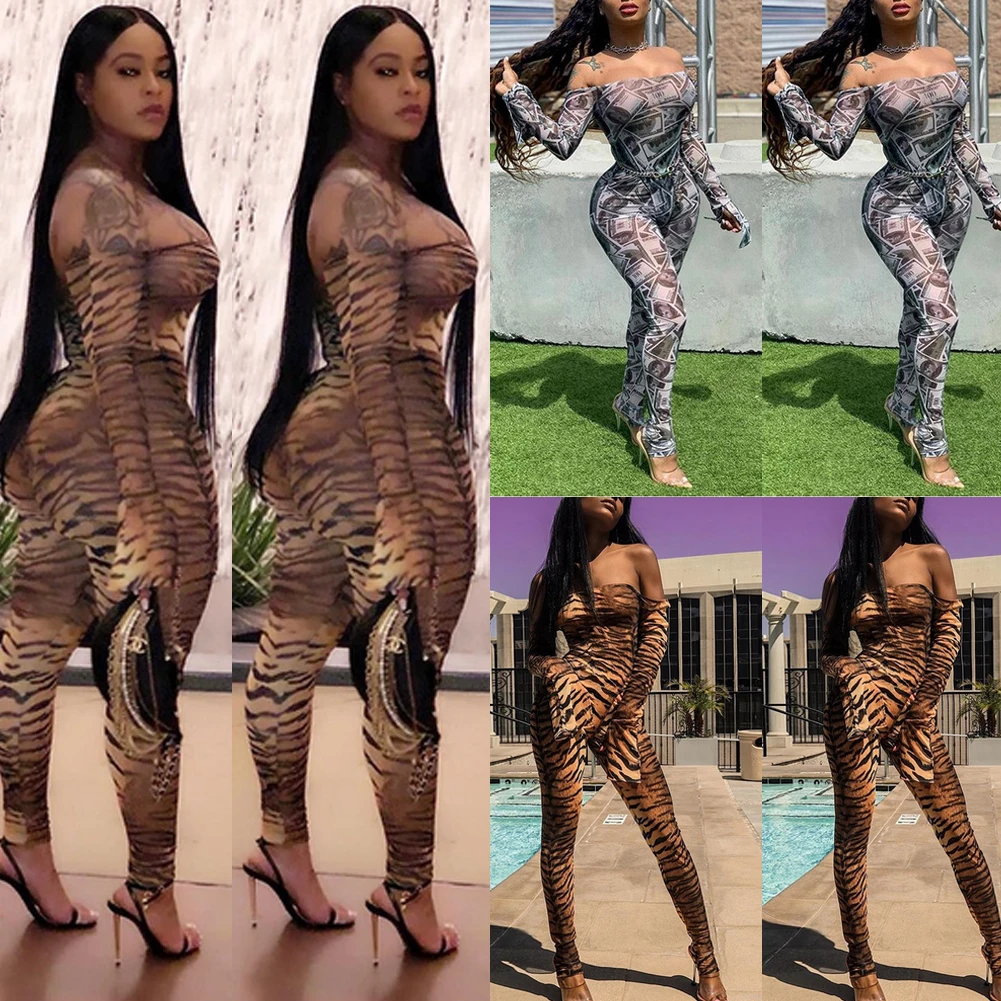 Sexy Women Mesh Sheer Leopard Print Ruffle Sleeve Long Jumpsuit Romper Clubwear