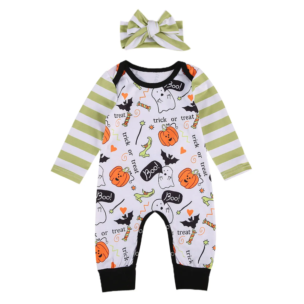 

OPPERIAYA Baby Romper with Headband Pumpkin Stripe Print Round Neck Long Sleeve Bodysuit and Headwear for Kids