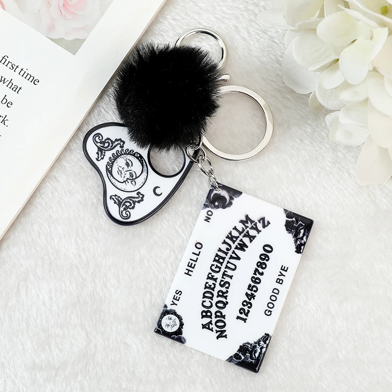 1Pc Frauen Ouija Planchette Keychain Acryl Pompom Auto Spiegel Schlüsselring Punk Bord Handwerk Handtasche Schmuck Charms – Detail 8