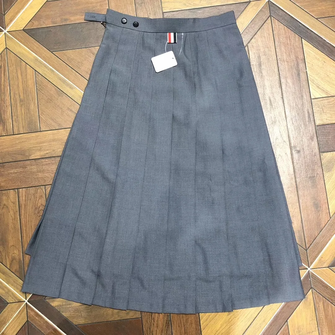 2022 Fashion Brand Tb Pleated Skirt Women Preppy Style Split Mid-calf Skirts Lady Empire Falda Gray Blue JK Uniform Jupe Femme