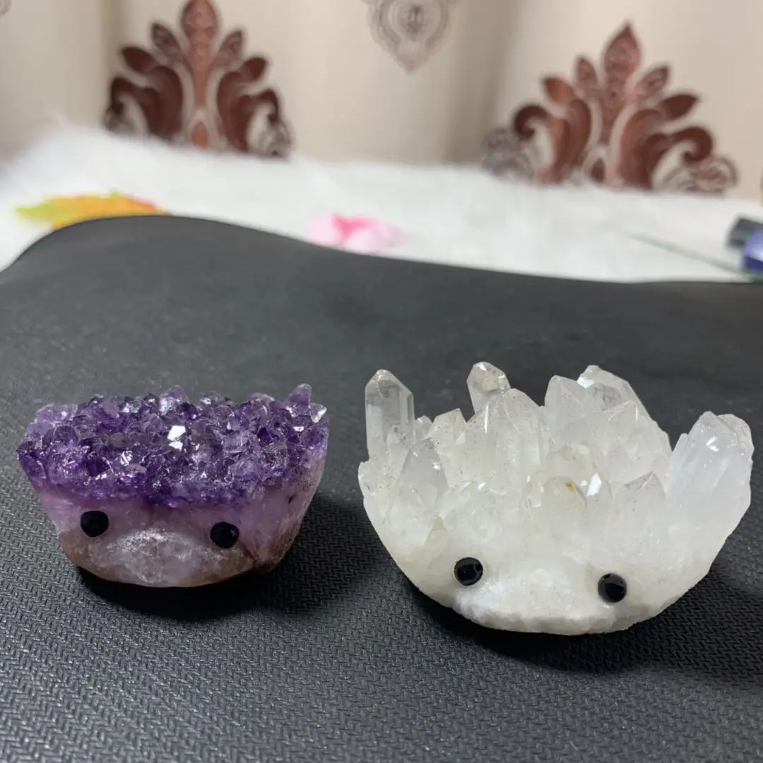 2 pcs hot sales natural purple quartz cluster crystal hedgehogs white carved pet for home deocr | Дом и сад