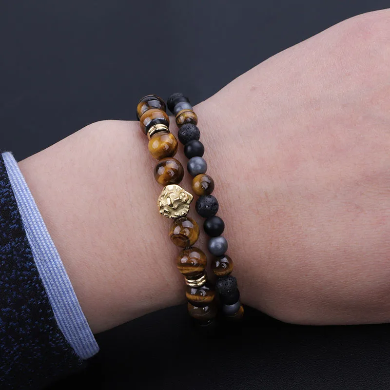 Unique design mix natural stone tiger eye lava rock stone matte onyx stainless steel lion beaded bracelet set men - Image 3