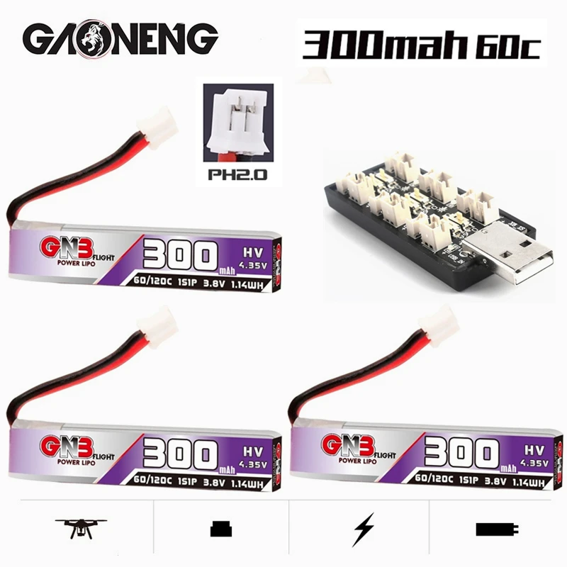GNB 1S 300mAh 3.8V 60C HV Lipo Battery PH2.0 With Charger for US65 UK65 Inductrix Beta65S URUAV UR65 Mobula 7 Tiny Whoop Drone | Игрушки и
