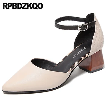 

fashion brand women shoes 2019 pointed toe ankle strap footwear pumps block medium heels luxury size 4 34 genuine leather beige