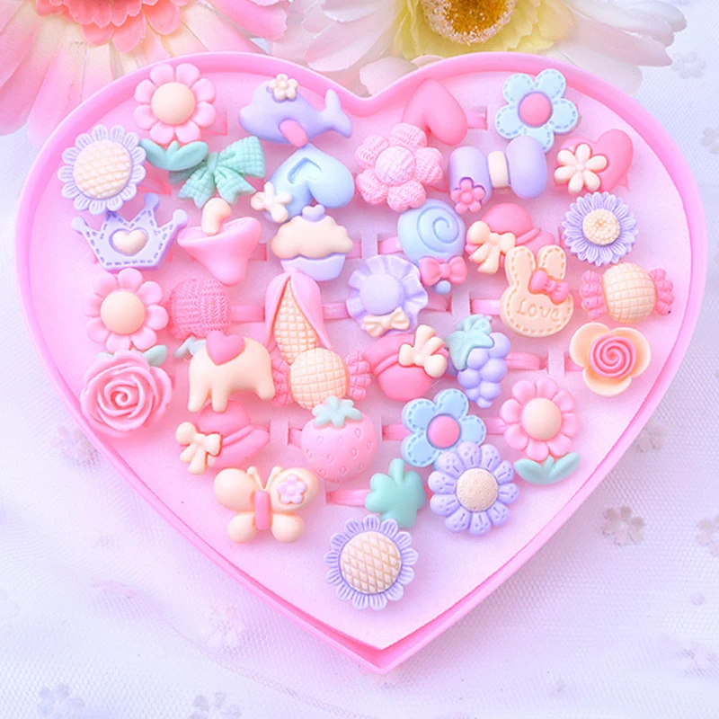 Anillo ajustable con lazo de flores de dibujos animados para niñas, joyería de maquillaje de princesa, juguetes para juego de imitación, regalos, 10/20/50 Uds.