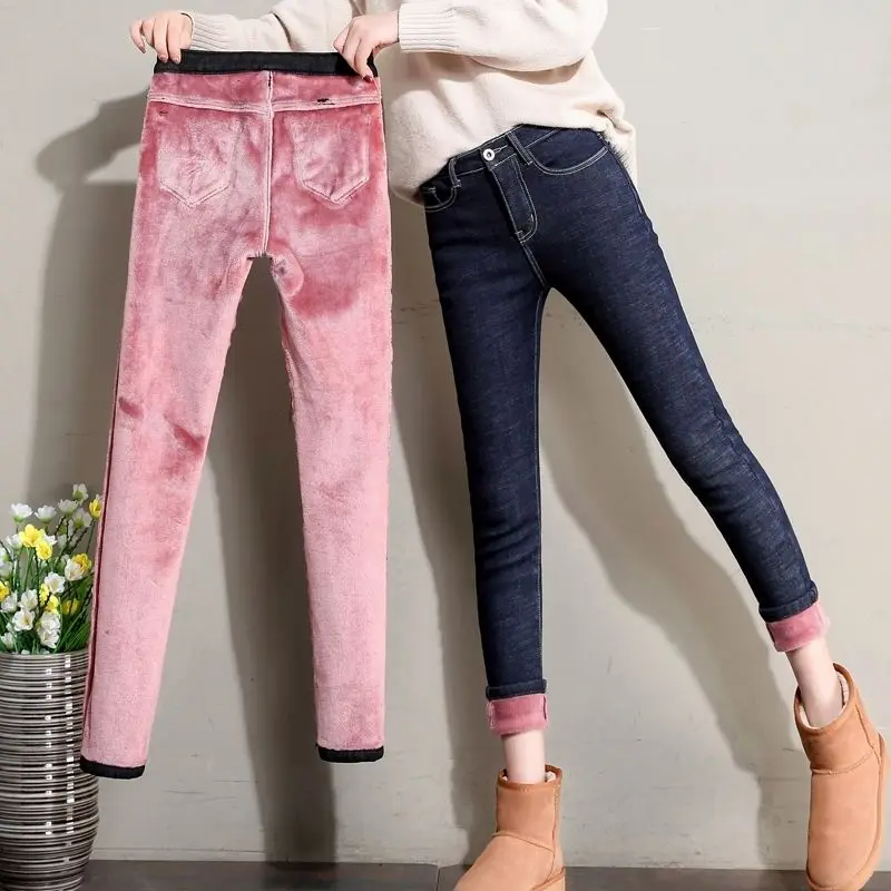 Зимние теплые обтягивающие джинсы-карандаш для женщин, толстые бархатные теплые леггинсы, Стрейчевые джинсы, флисовые джинсовые брюки, женские джинсы